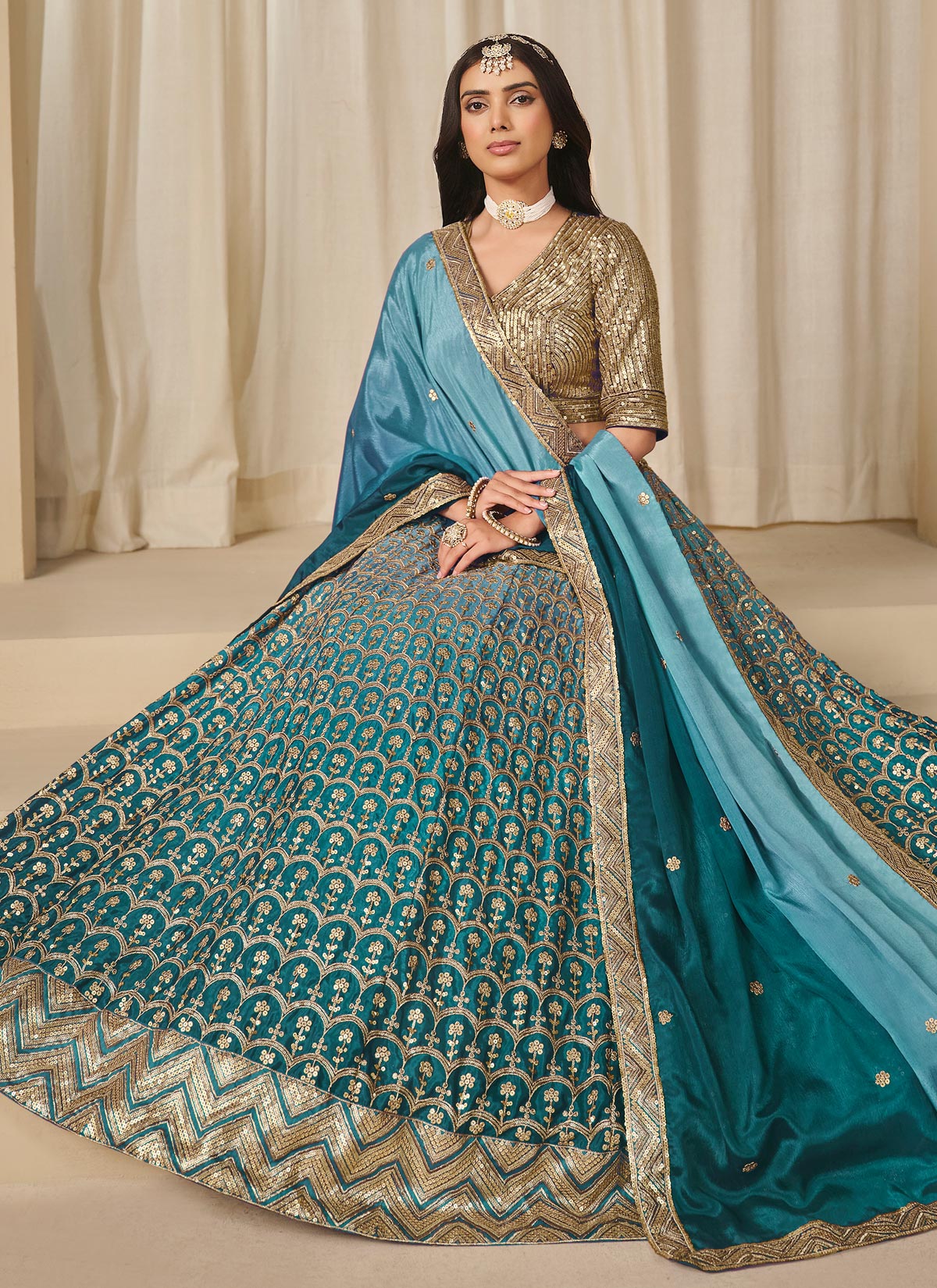 Teal Chinon SIlk Resham Work Trendy Lehenga Choli For Women