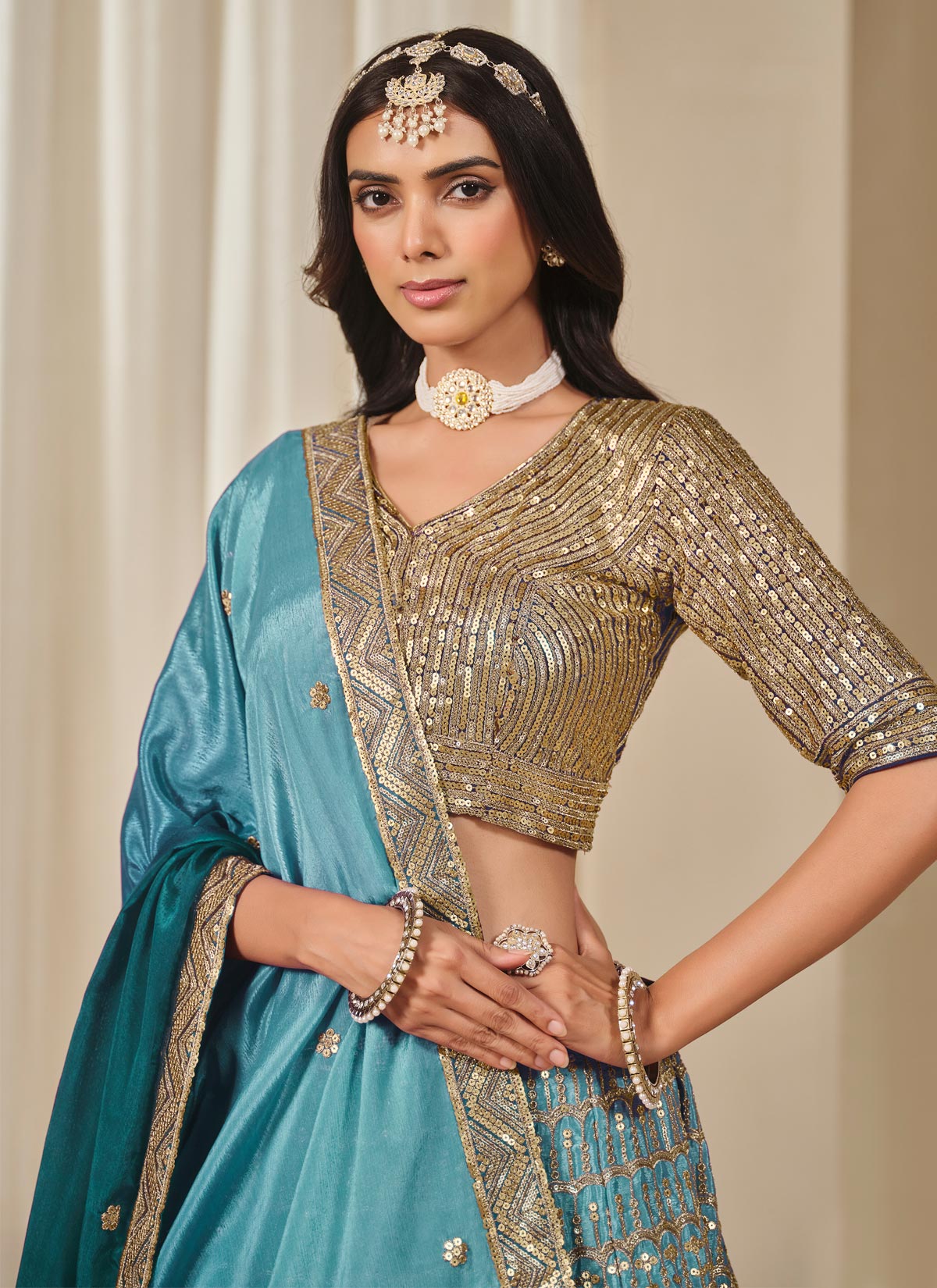 Teal Chinon SIlk Resham Work Trendy Lehenga Choli For Women