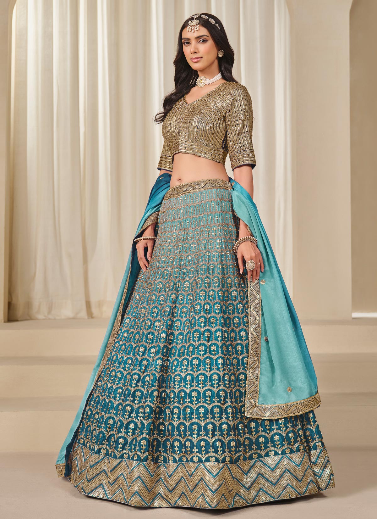 Teal Chinon SIlk Resham Work Trendy Lehenga Choli For Women