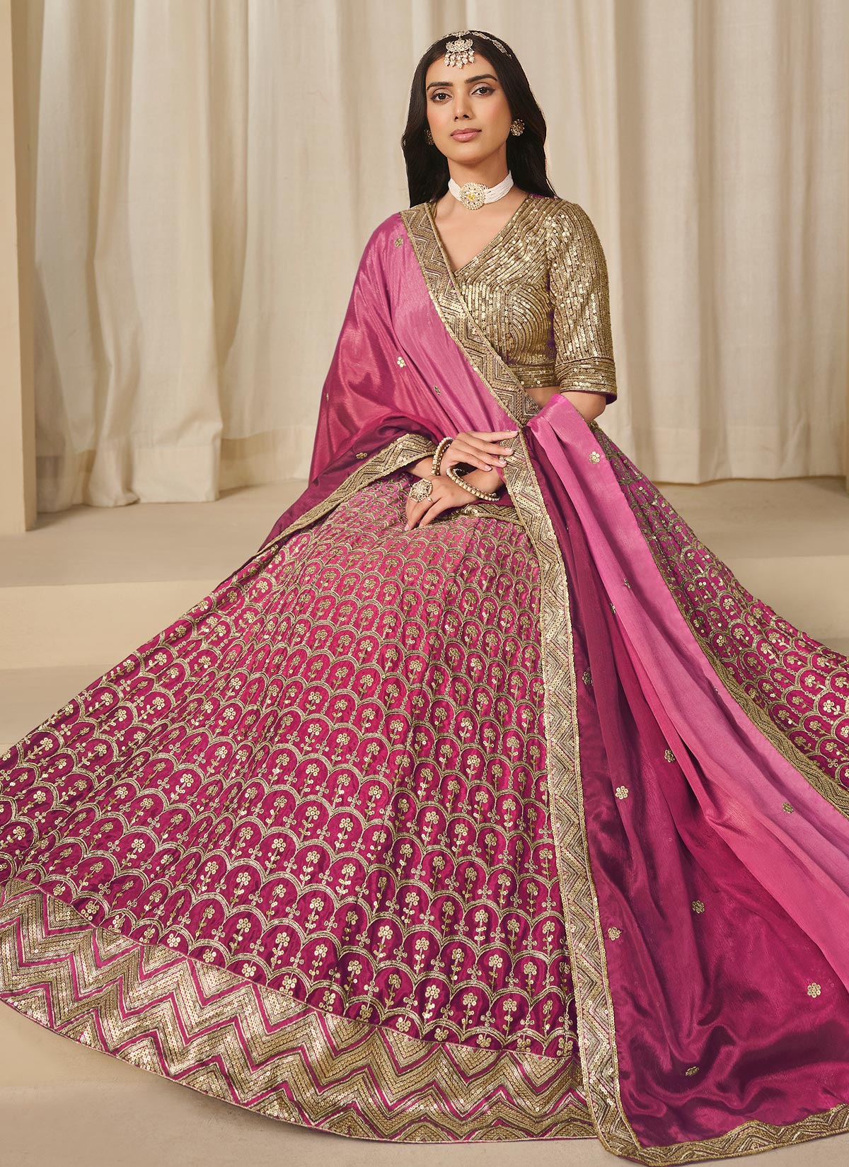 Embroidered Work Chinon Silk Trendy Lehenga Choli In Rose Pink