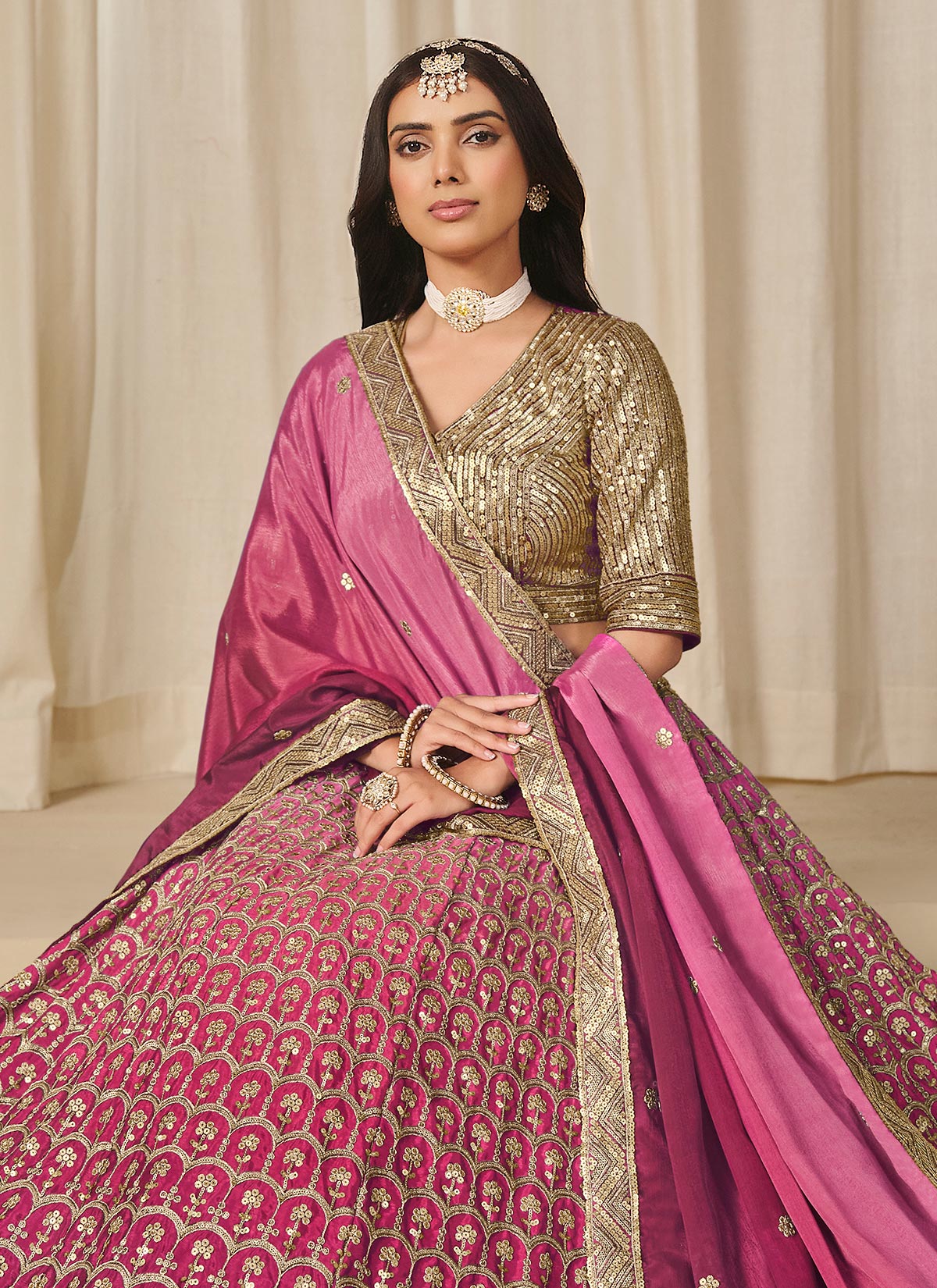 Embroidered Work Chinon Silk Trendy Lehenga Choli In Rose Pink