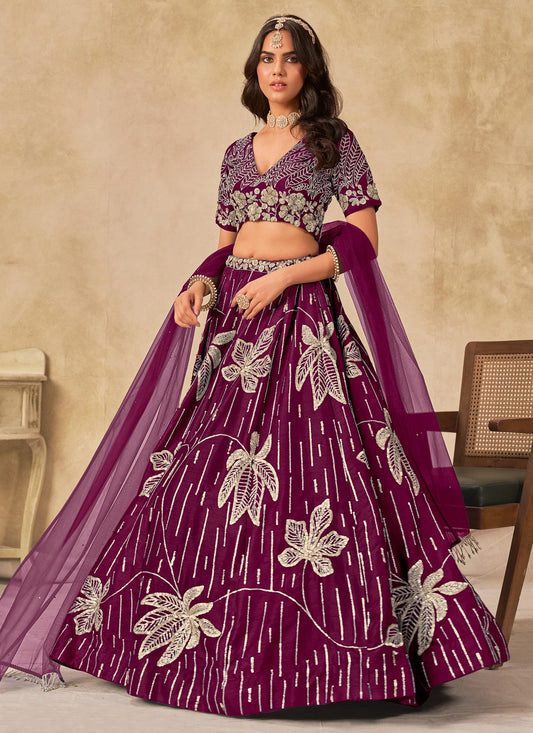 Silk Designer Lehenga Choli With Sequins Work In Purple For Festival