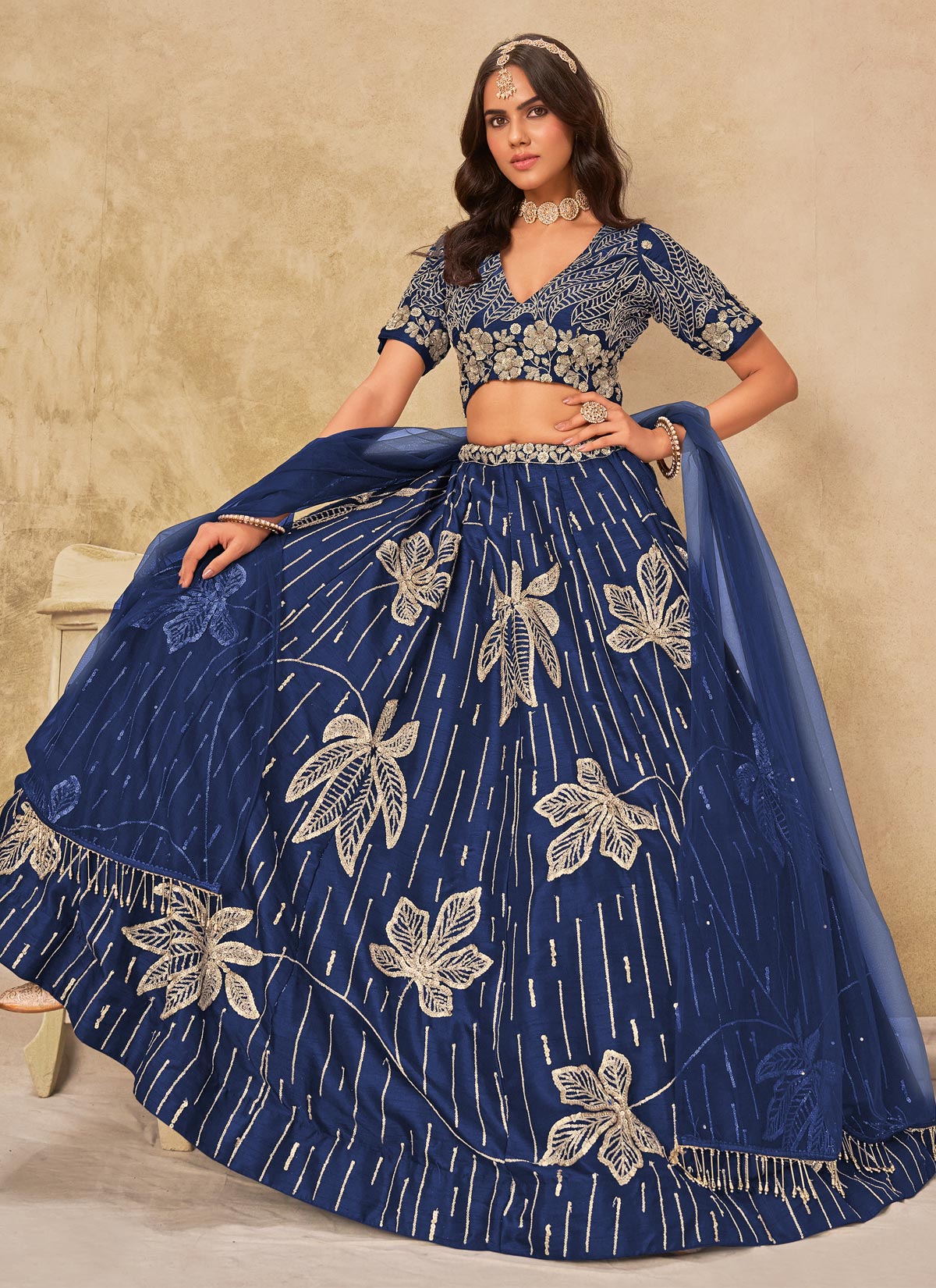 Resham Work SIlk Designer Lehenga Choli In Navy Blue For Women