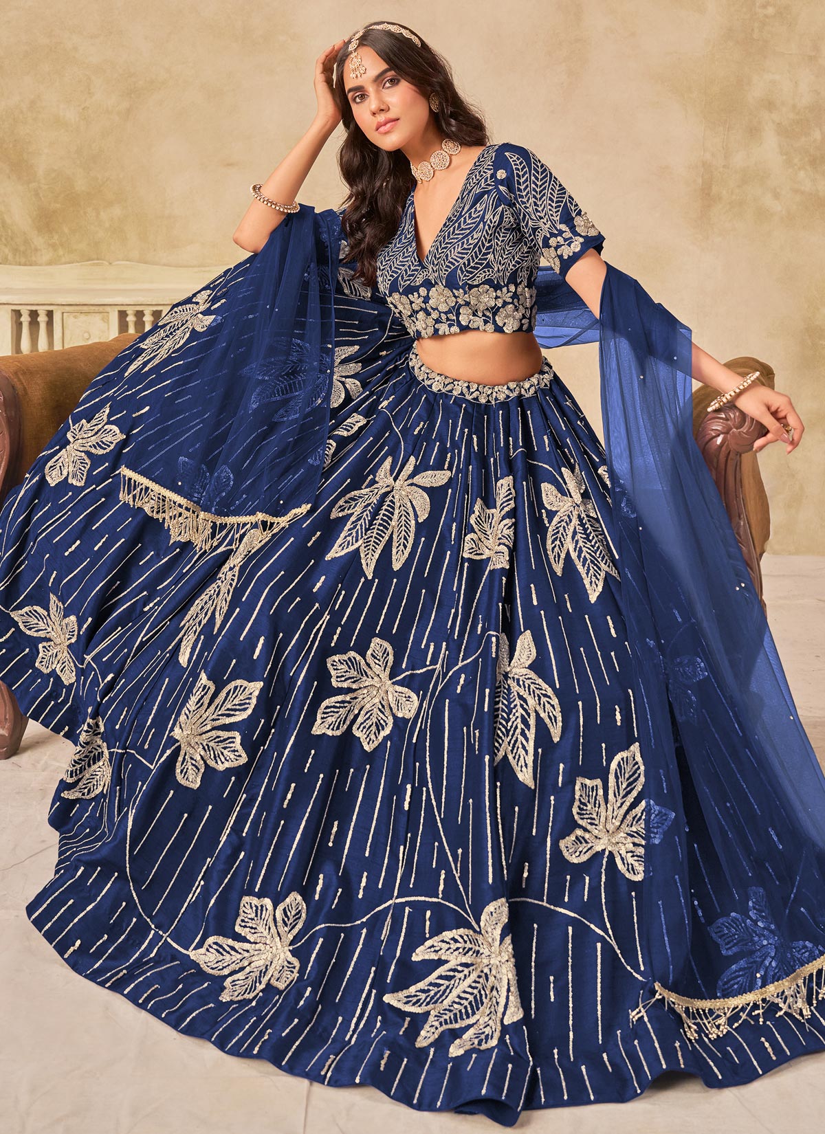Resham Work SIlk Designer Lehenga Choli In Navy Blue For Women