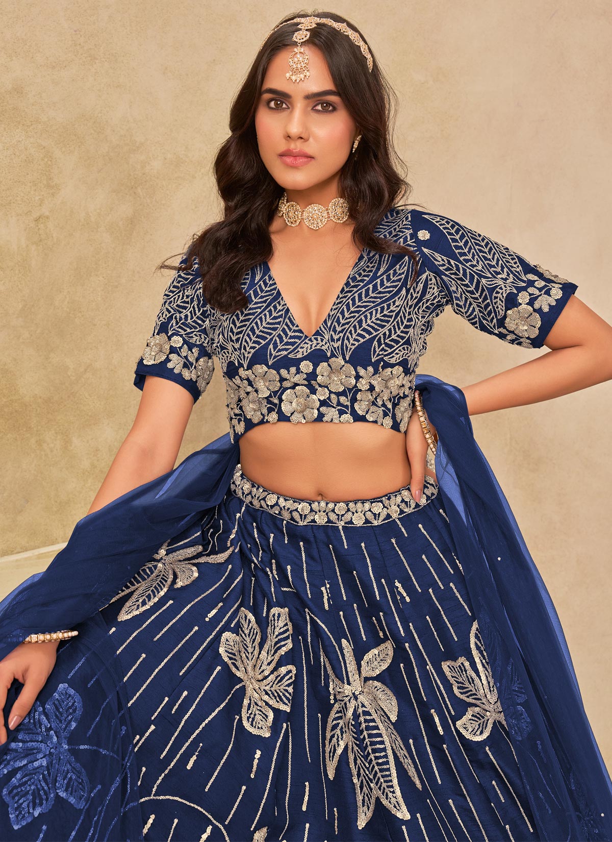 Resham Work SIlk Designer Lehenga Choli In Navy Blue For Women
