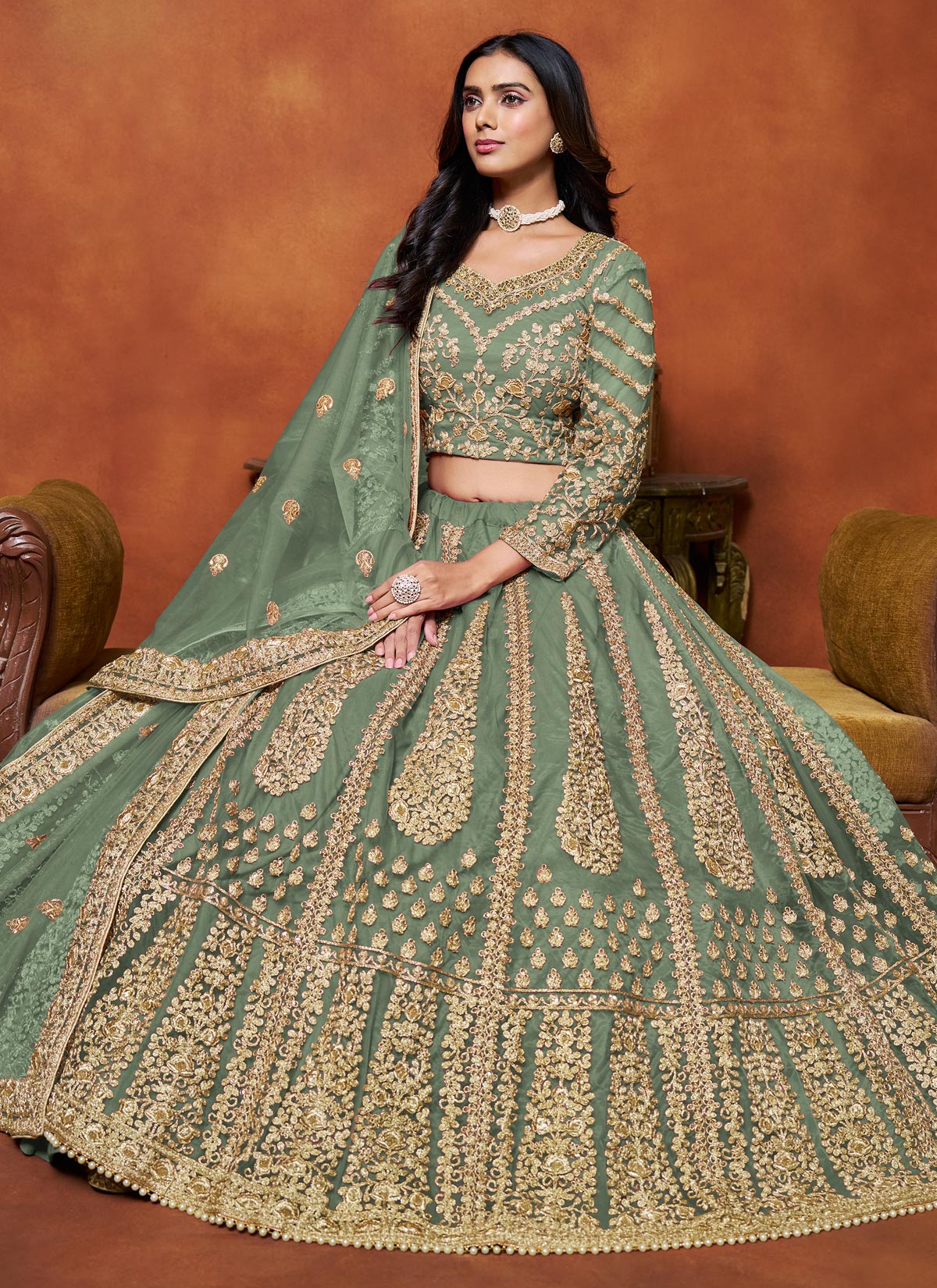 Sequins Work Net Trendy Lehenga Choli In Sea Green For Women