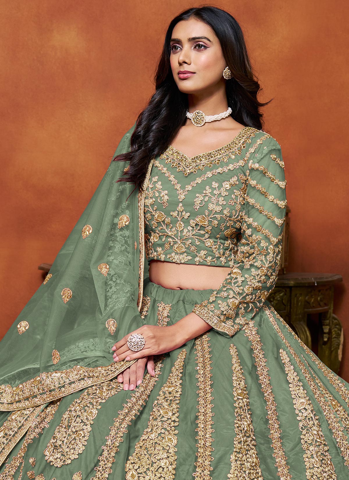 Sequins Work Net Trendy Lehenga Choli In Sea Green For Women