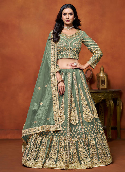 Sequins Work Net Trendy Lehenga Choli In Sea Green For Women