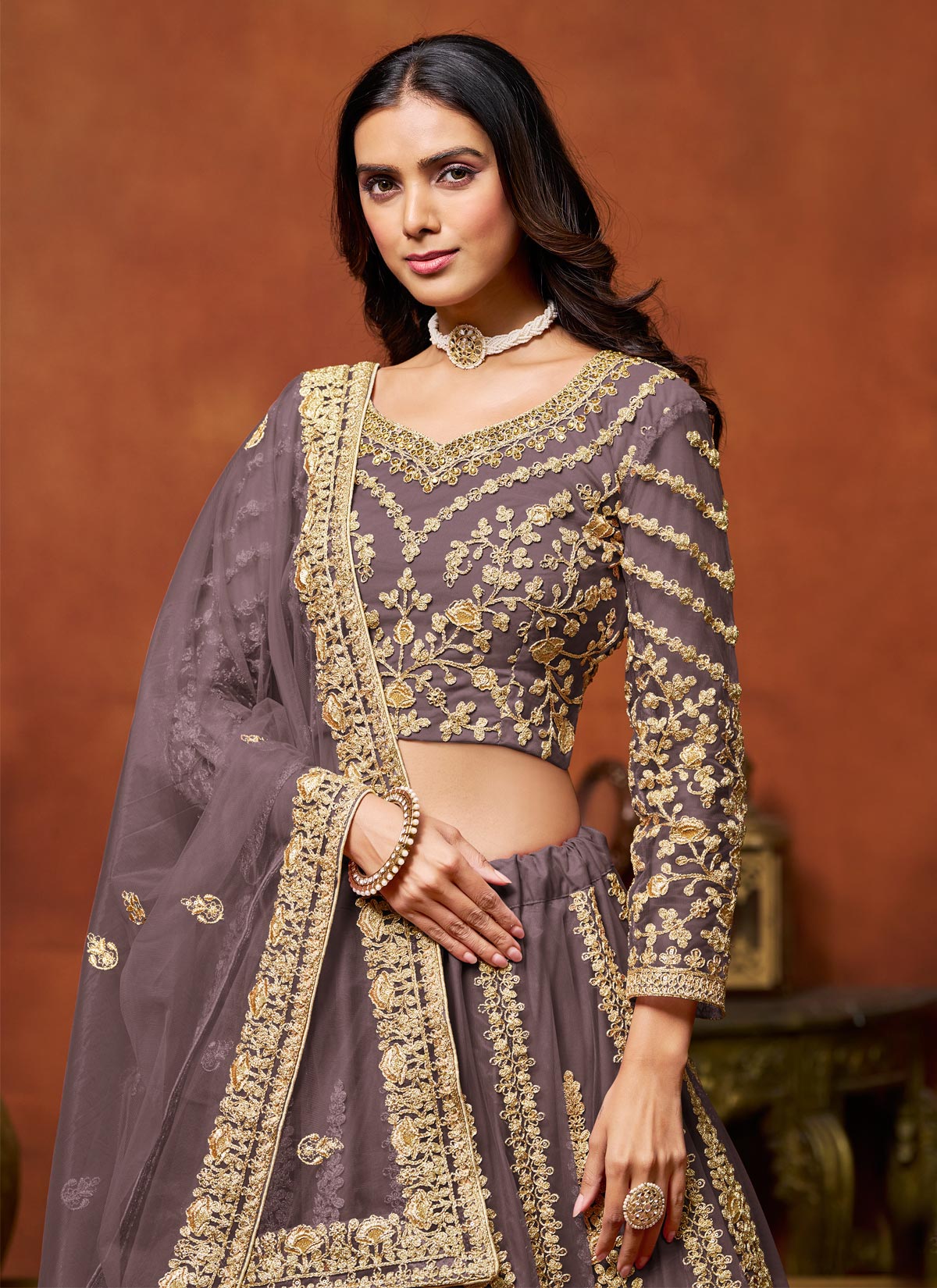 Net Designer Lehenga Choli With Zari Work For Wedding In Violet