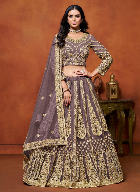 Net Designer Lehenga Choli With Zari Work For Wedding In Violet
