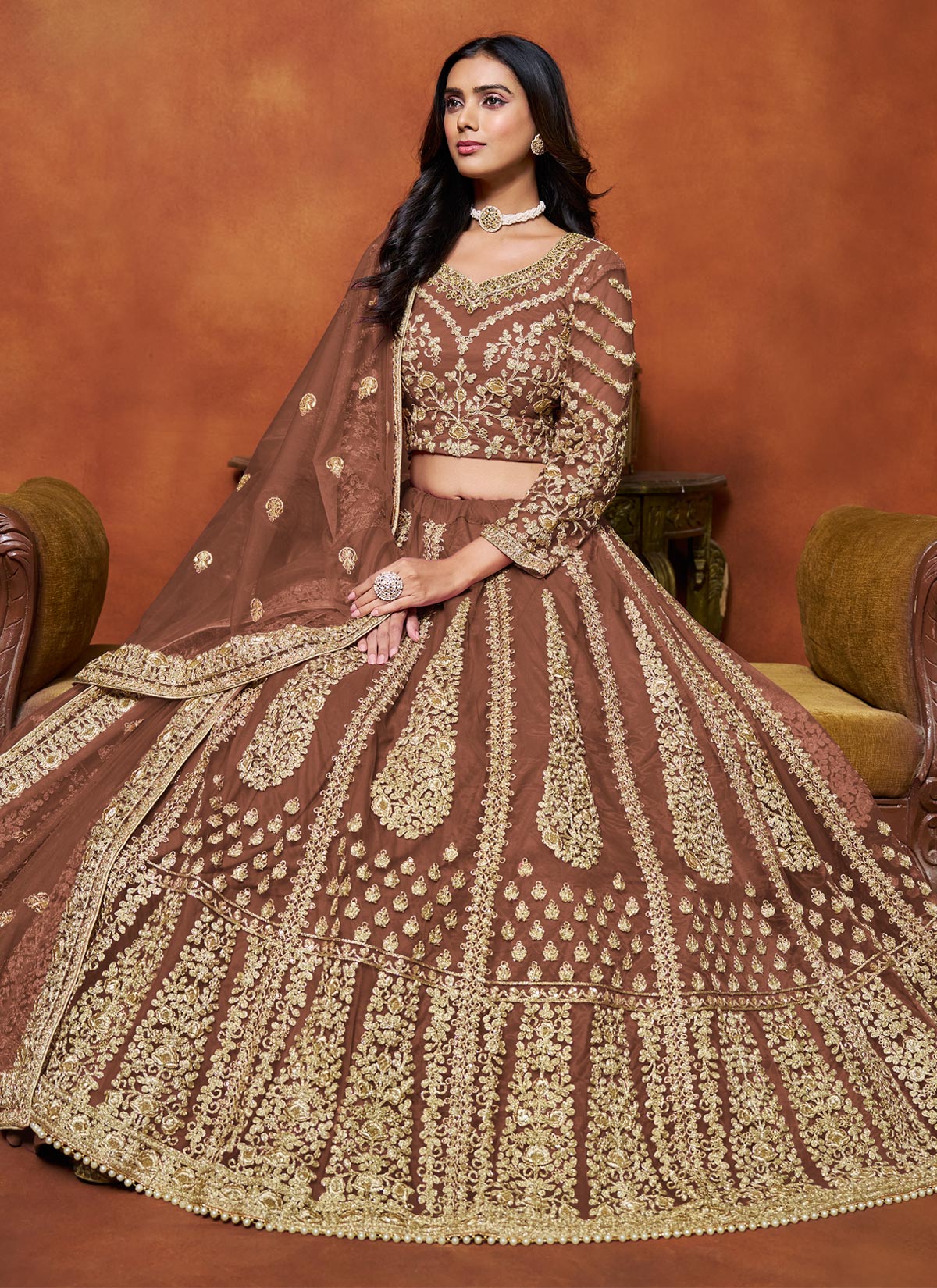 Resham Work Net Trendy Lehenga Choli In Brown For Women