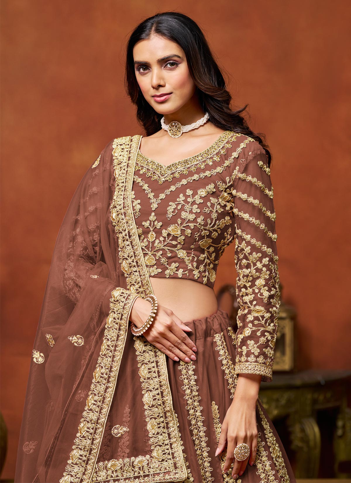 Resham Work Net Trendy Lehenga Choli In Brown For Women