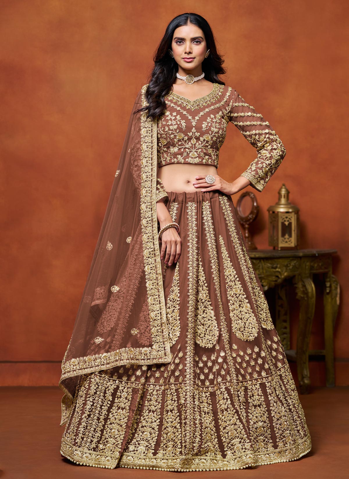 Resham Work Net Trendy Lehenga Choli In Brown For Women