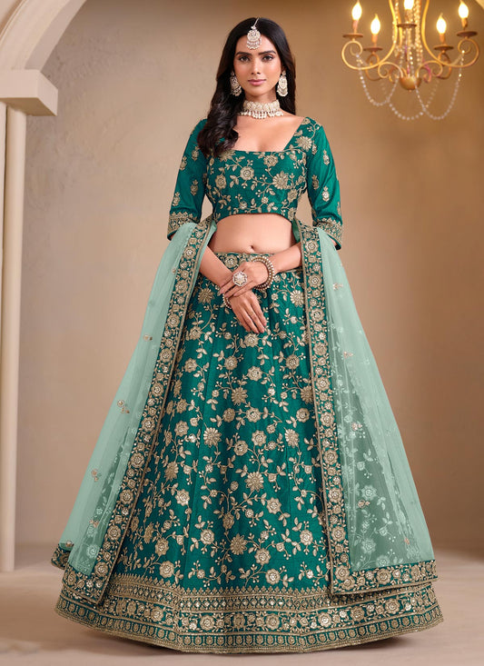 Silk Trendy Lehenga Choli With Embroidered Work In Green For Ceremonial