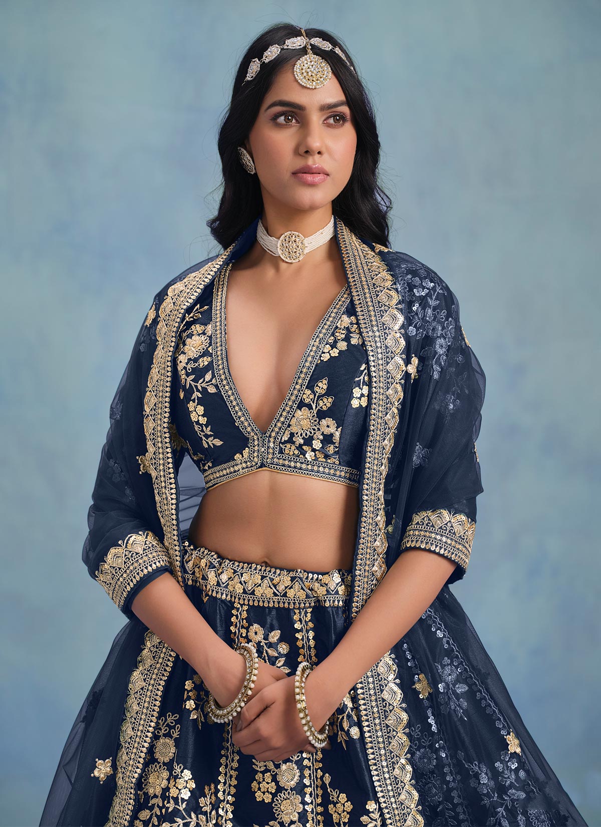Sequins Work Designer Lehenga Choli For Party In Navy Blue
