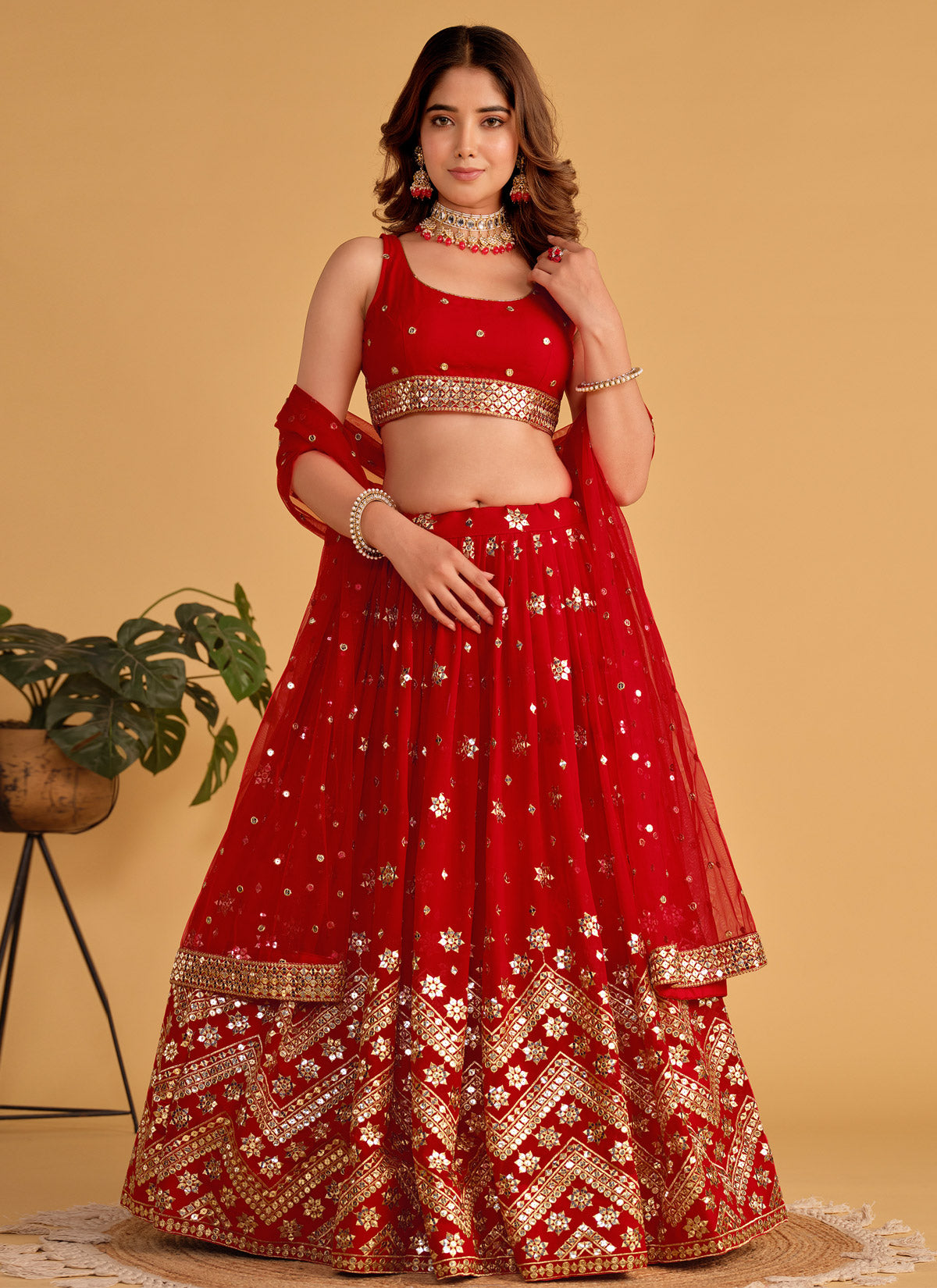 Georgette Designer Lehenga Choli In Red With Resham Work