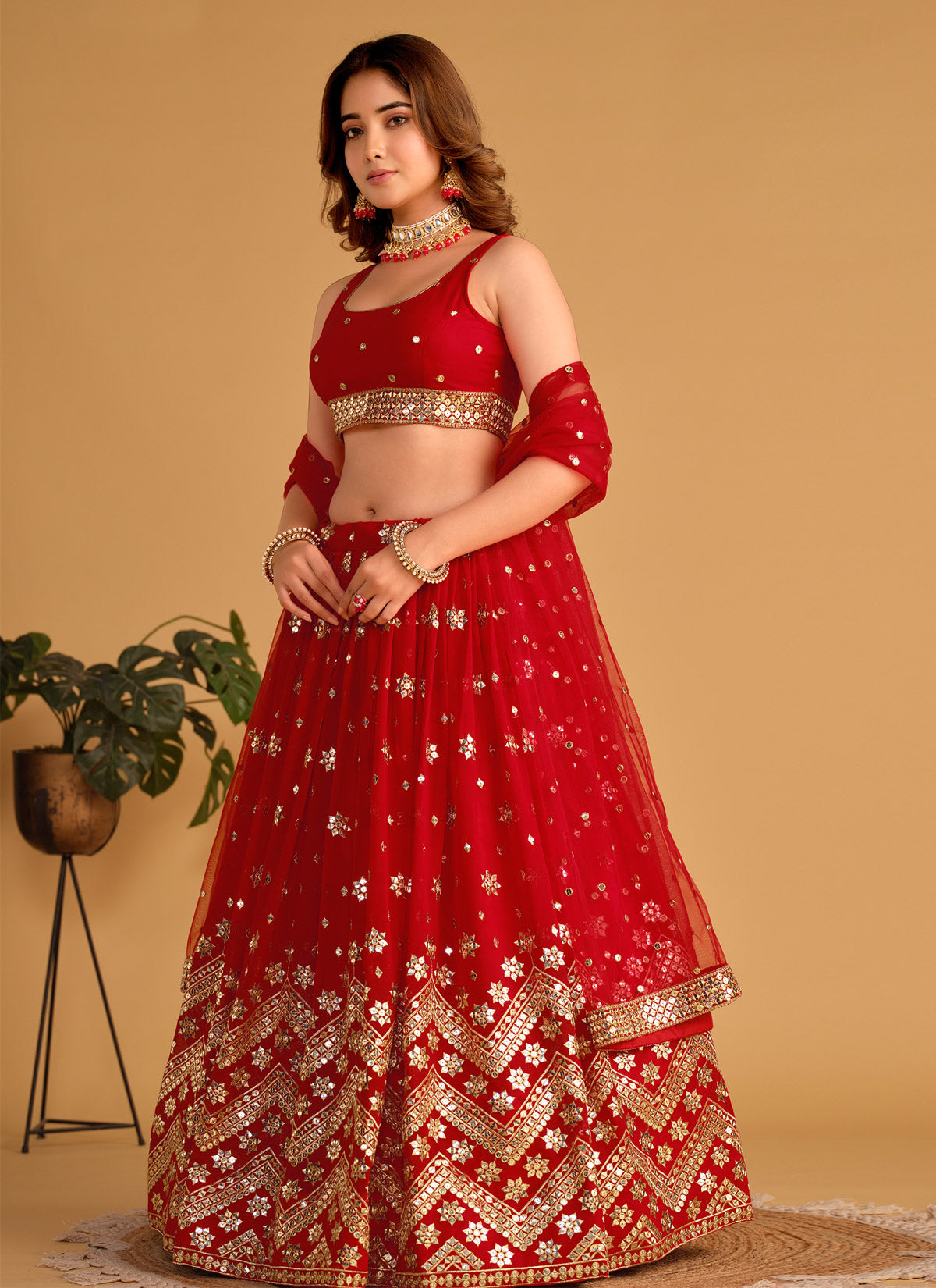 Georgette Designer Lehenga Choli In Red With Resham Work