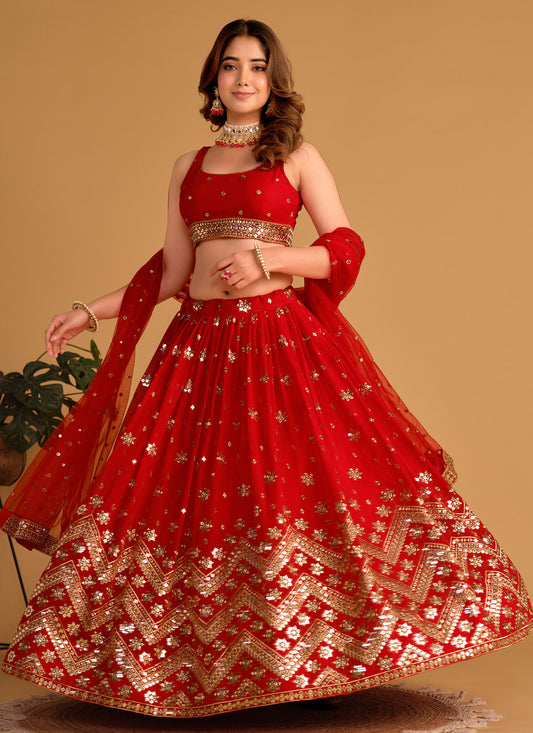 Georgette Designer Lehenga Choli In Red With Resham Work