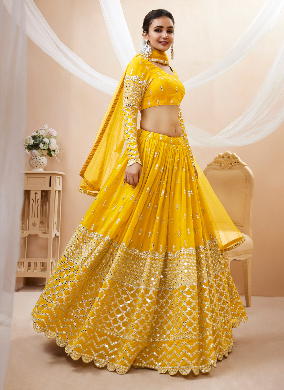 Embroidered Work Georgette Designer Lehenga Choli In Yellow