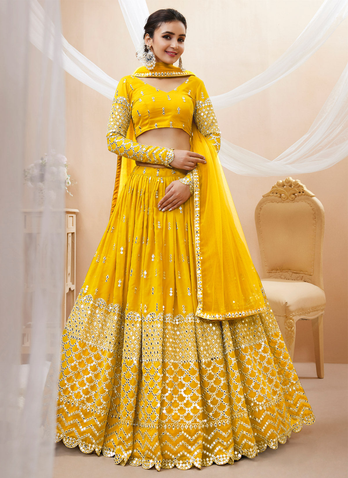 Embroidered Work Georgette Designer Lehenga Choli In Yellow