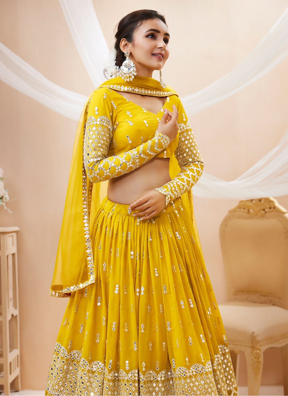 Embroidered Work Georgette Designer Lehenga Choli In Yellow