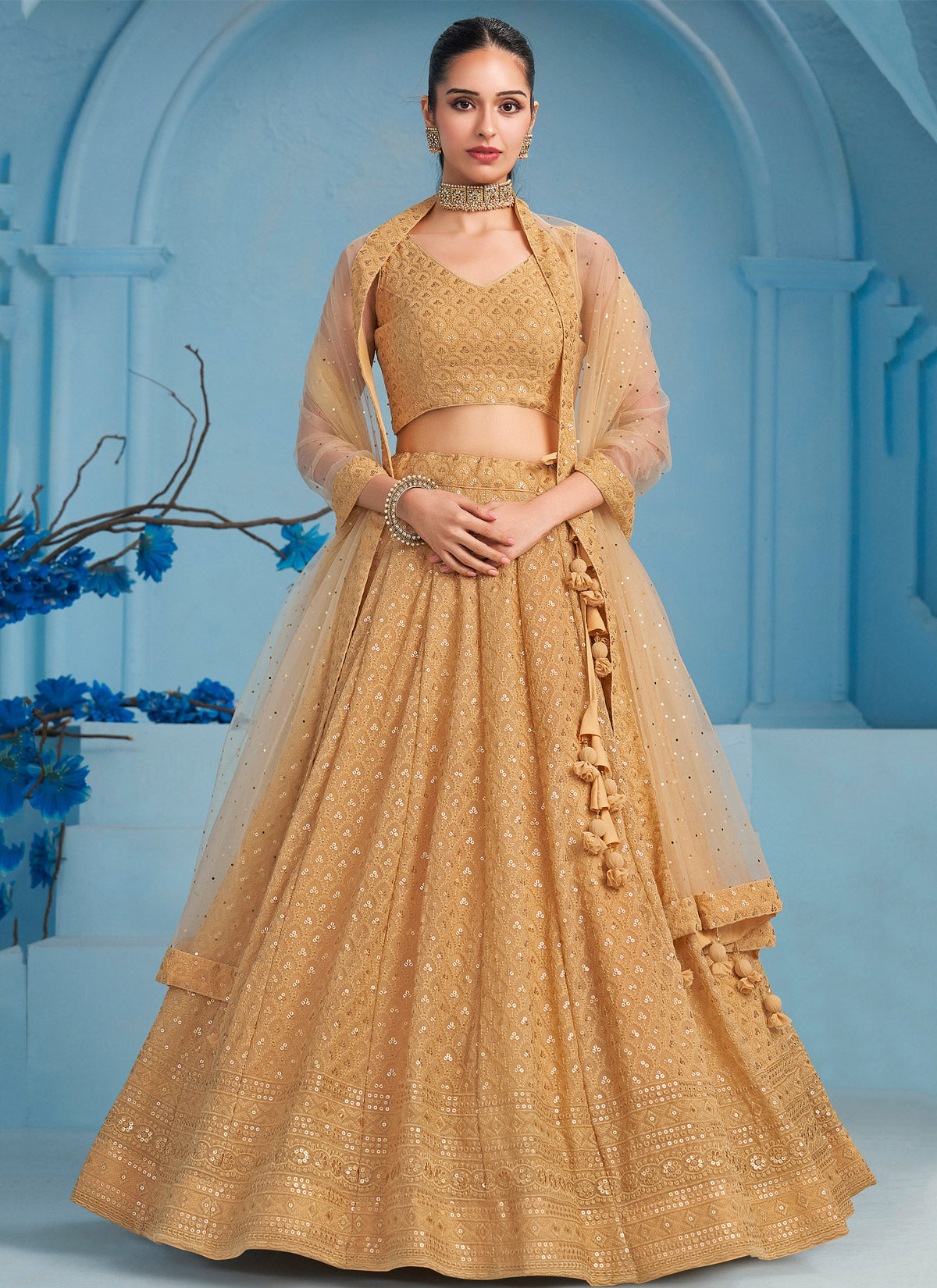 Georgette Trendy Lehenga Choli In Beige With Sequins Work