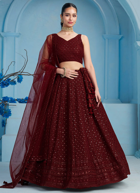 Georgette Designer Lehenga Choli With Embroidered Work In Maroon