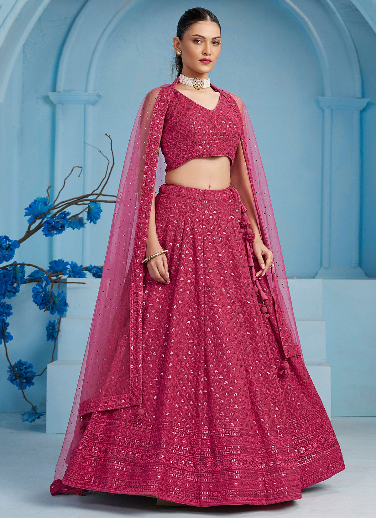 Rose Pink Georgette Designer Lehenga Choli With Embroidered Work