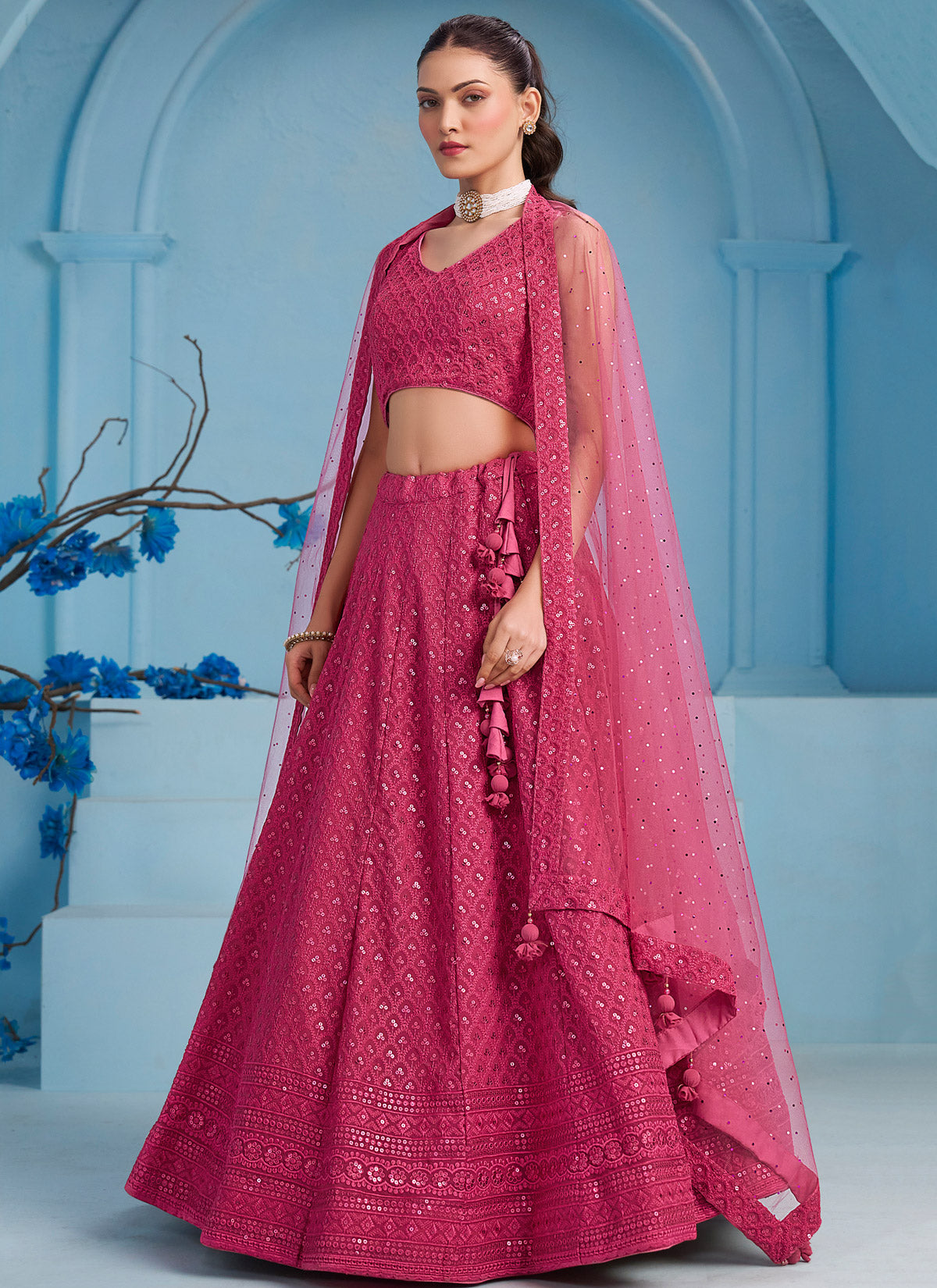 Rose Pink Georgette Designer Lehenga Choli With Embroidered Work