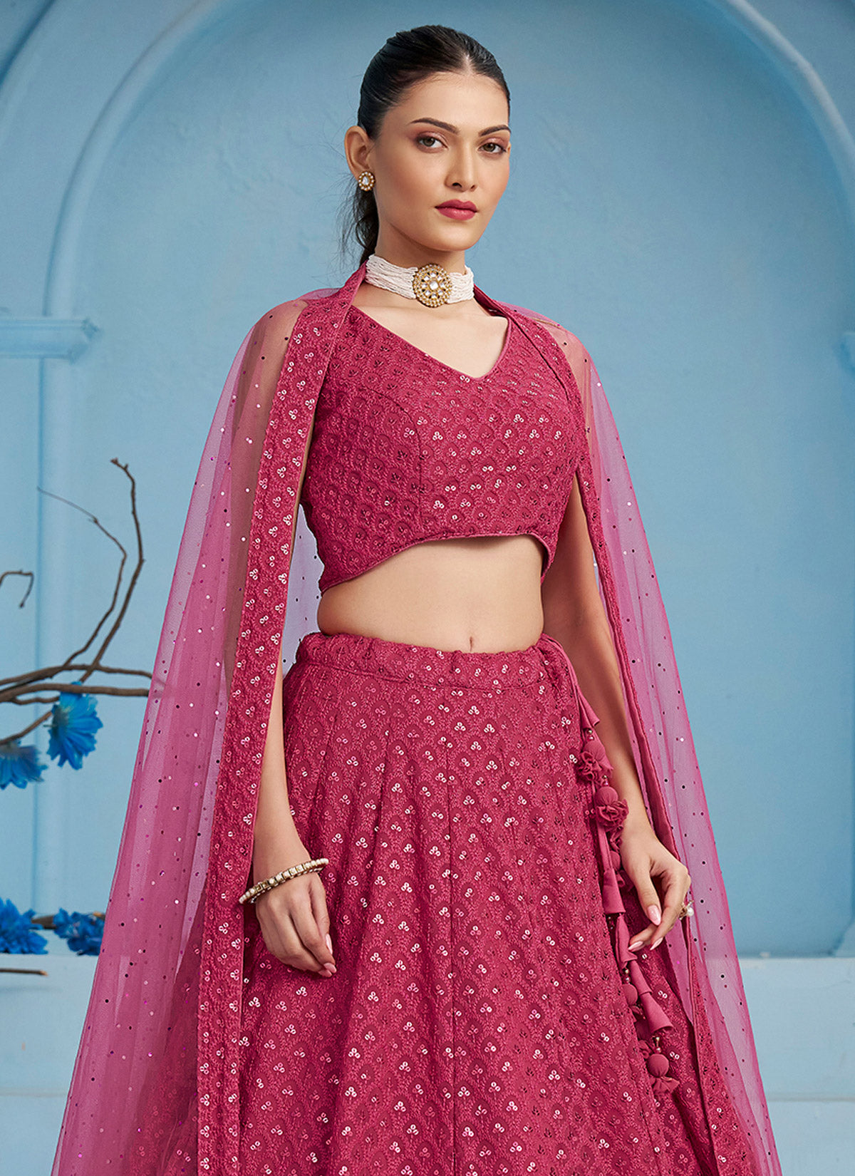 Rose Pink Georgette Designer Lehenga Choli With Embroidered Work
