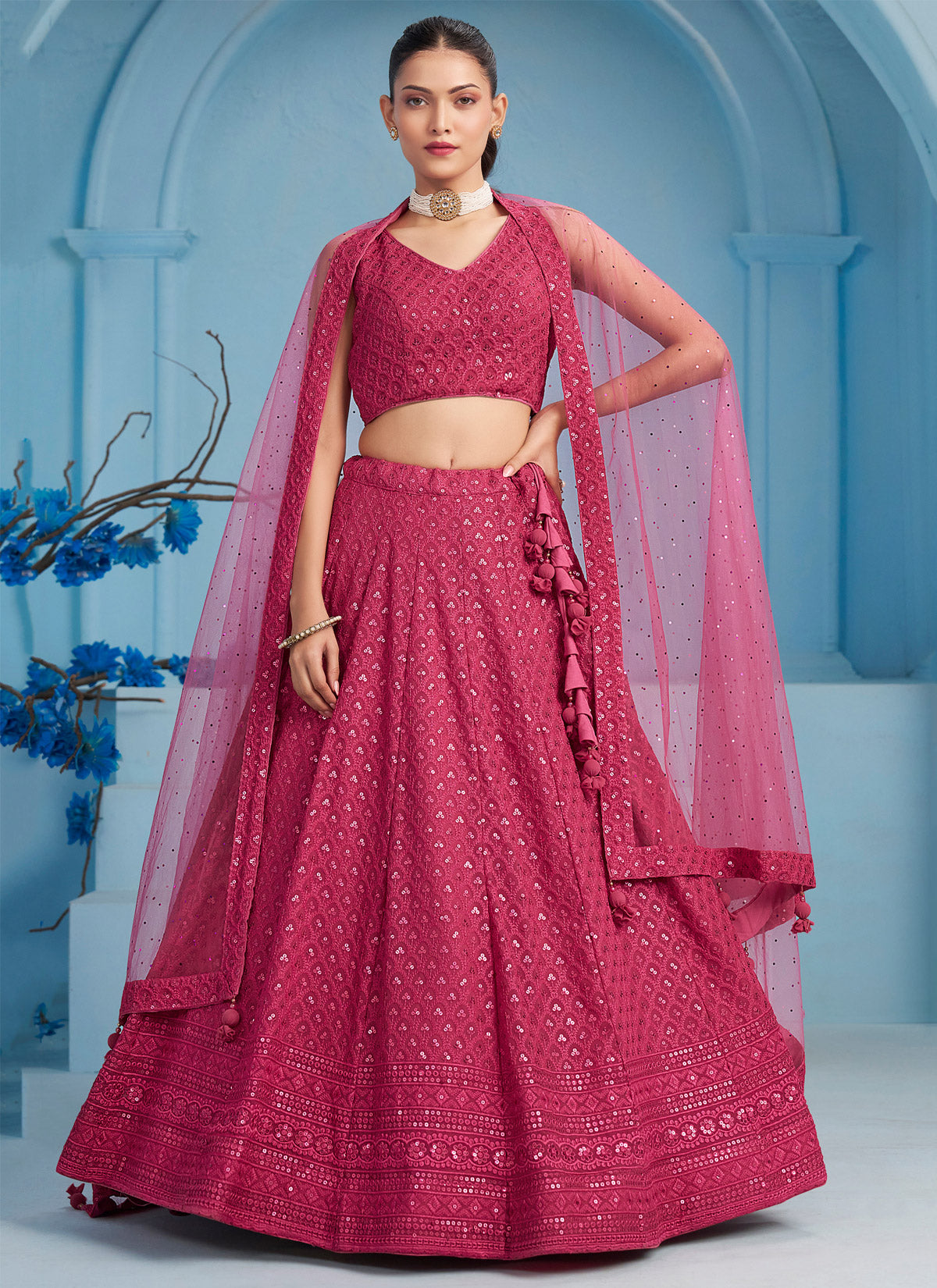 Rose Pink Georgette Designer Lehenga Choli With Embroidered Work