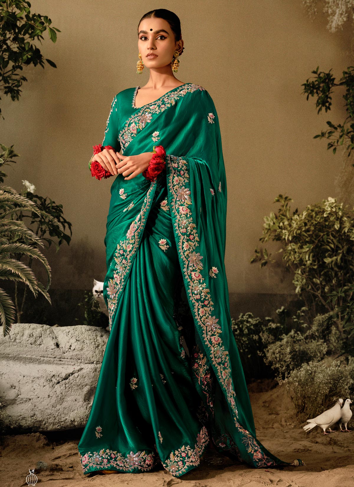Tissue Silk Trendy Saree With Beads Work For Festival In Green