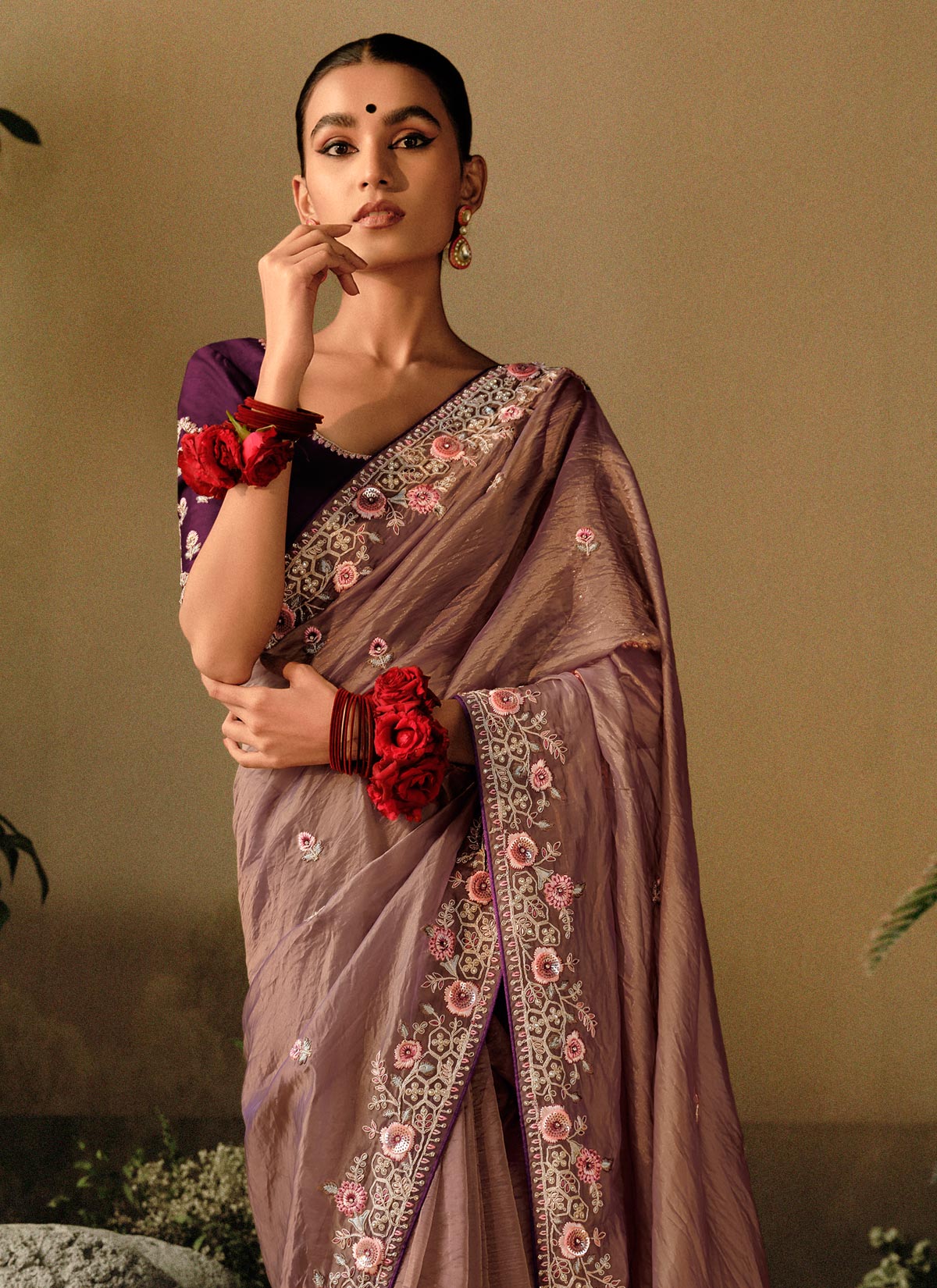 Stones Work Tissue Silk Trendy Saree In Brown For Women