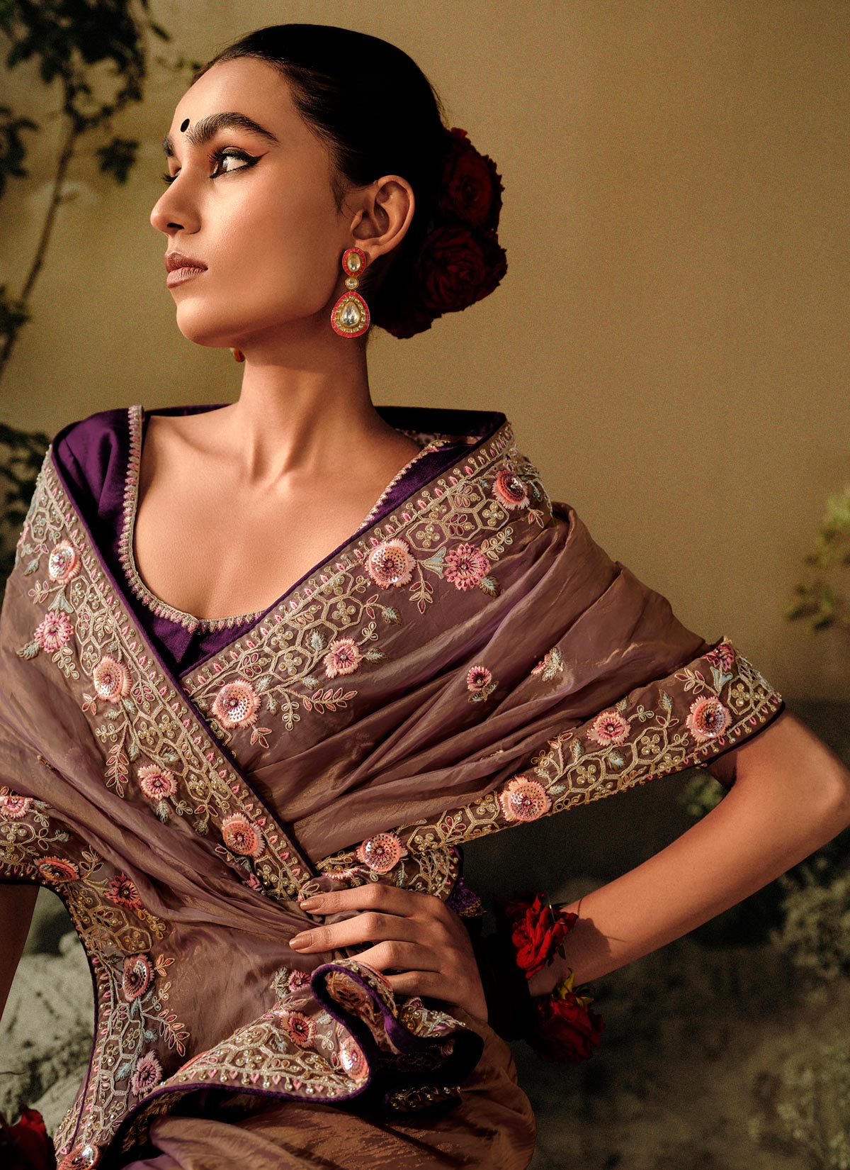 Stones Work Tissue Silk Trendy Saree In Brown For Women