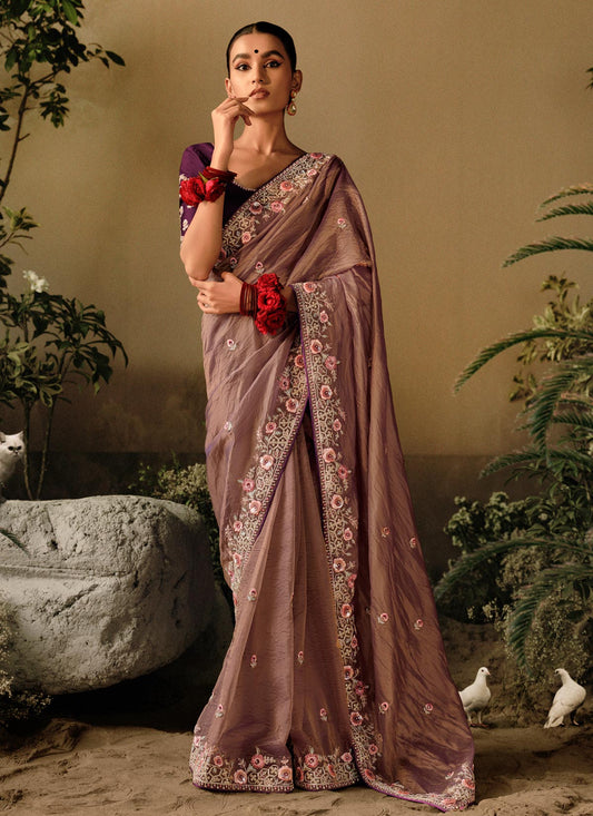 Stones Work Tissue Silk Trendy Saree In Brown For Women