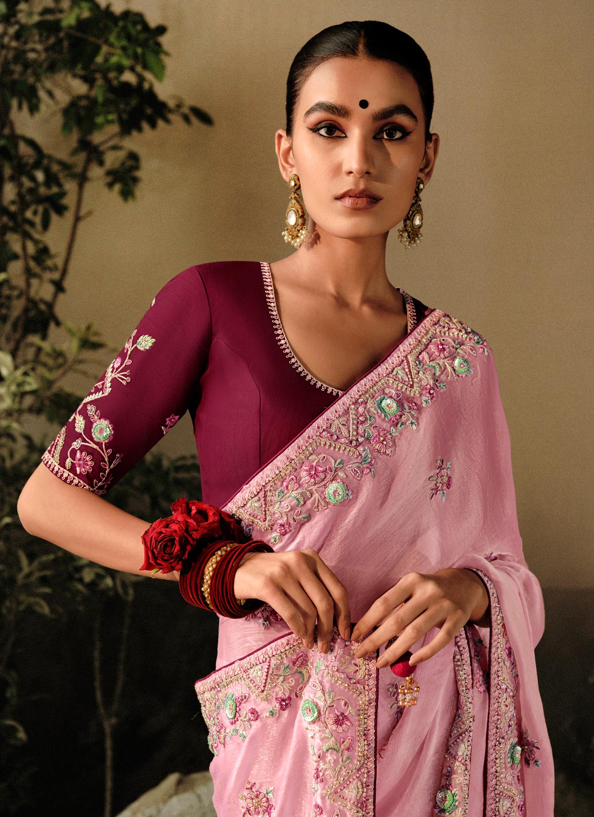 Tissue Silk Trendy Saree With Resham Work For Party In Pink