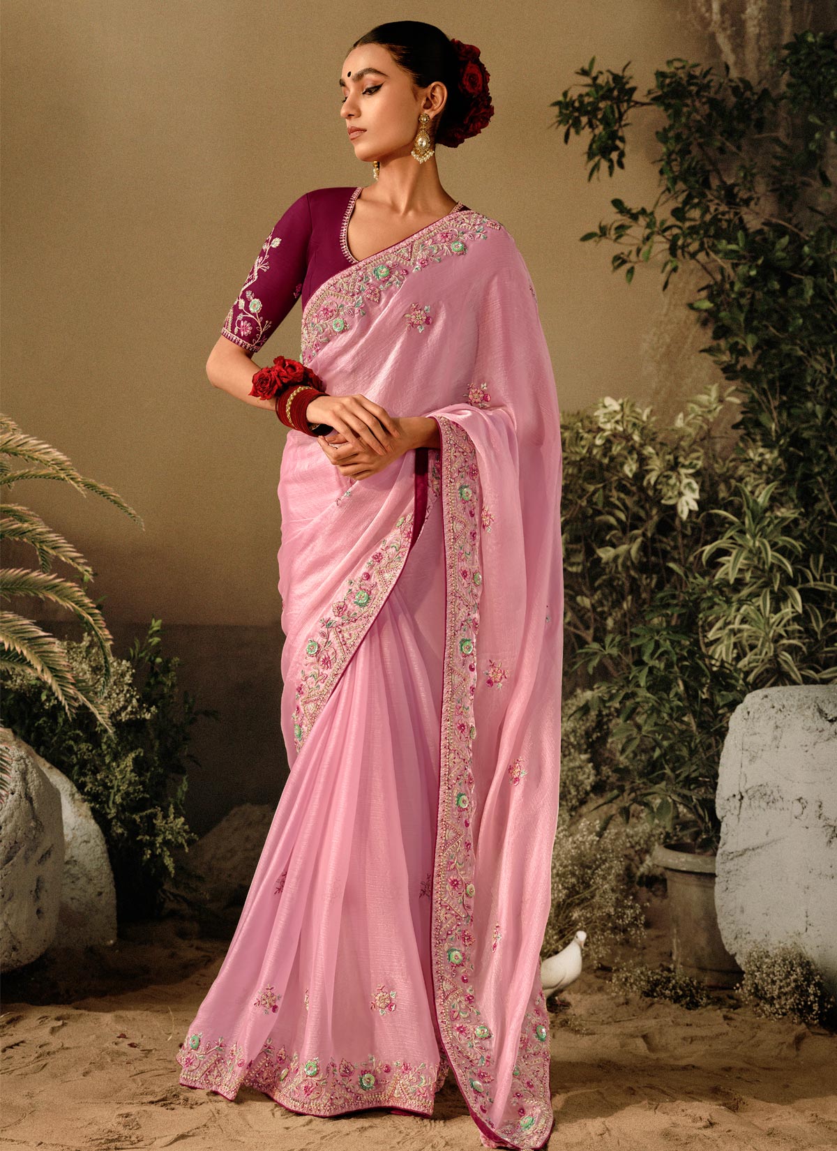Tissue Silk Trendy Saree With Resham Work For Party In Pink