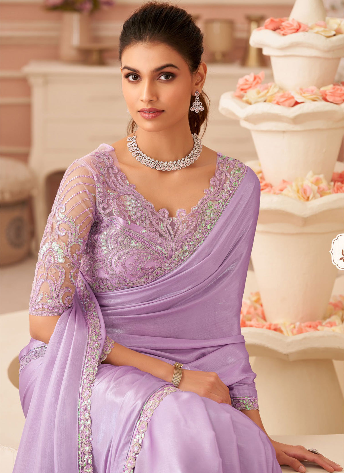 Shimmer Silk Trendy Saree In Violet With Embroidered Work