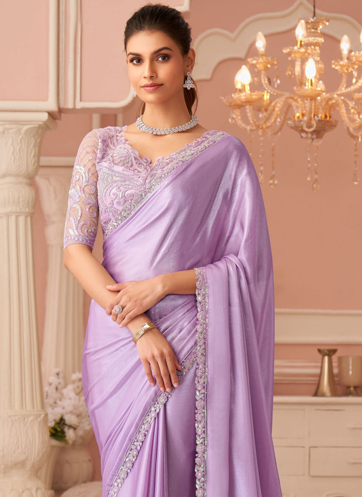 Shimmer Silk Trendy Saree In Violet With Embroidered Work