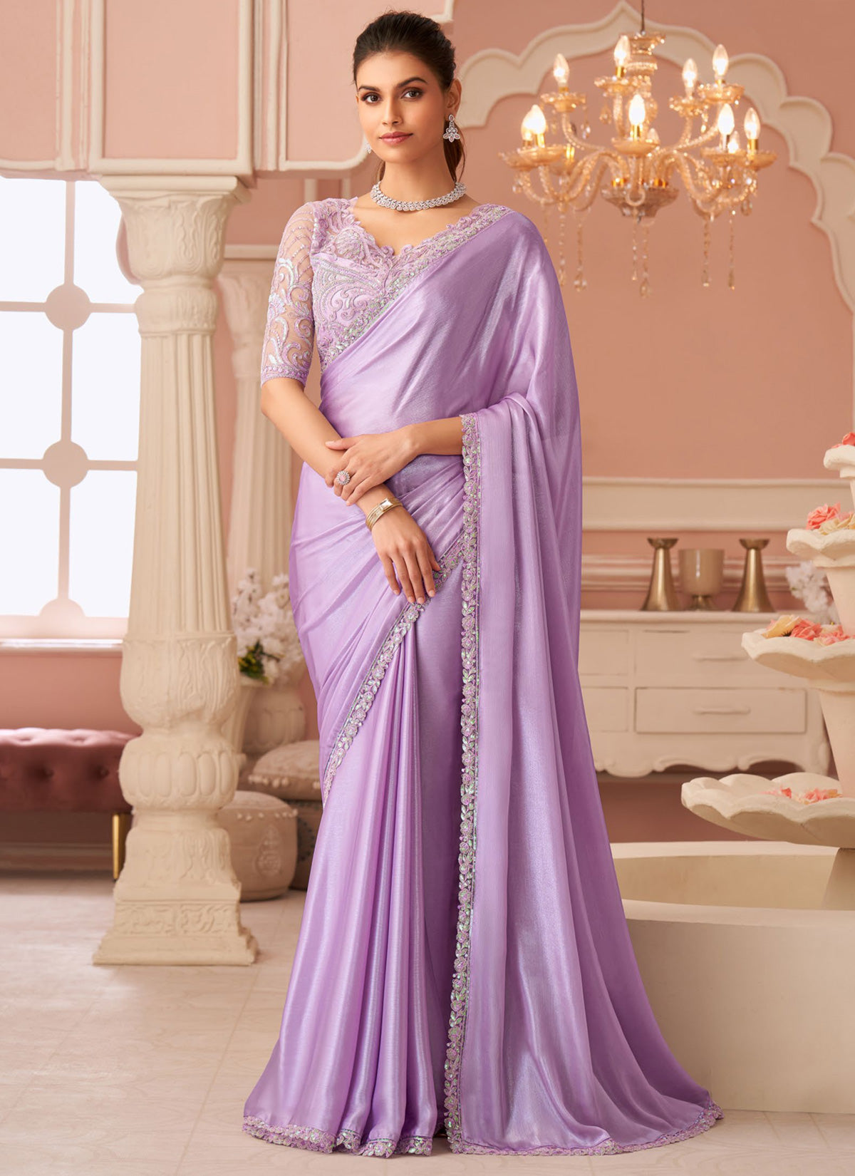 Shimmer Silk Trendy Saree In Violet With Embroidered Work