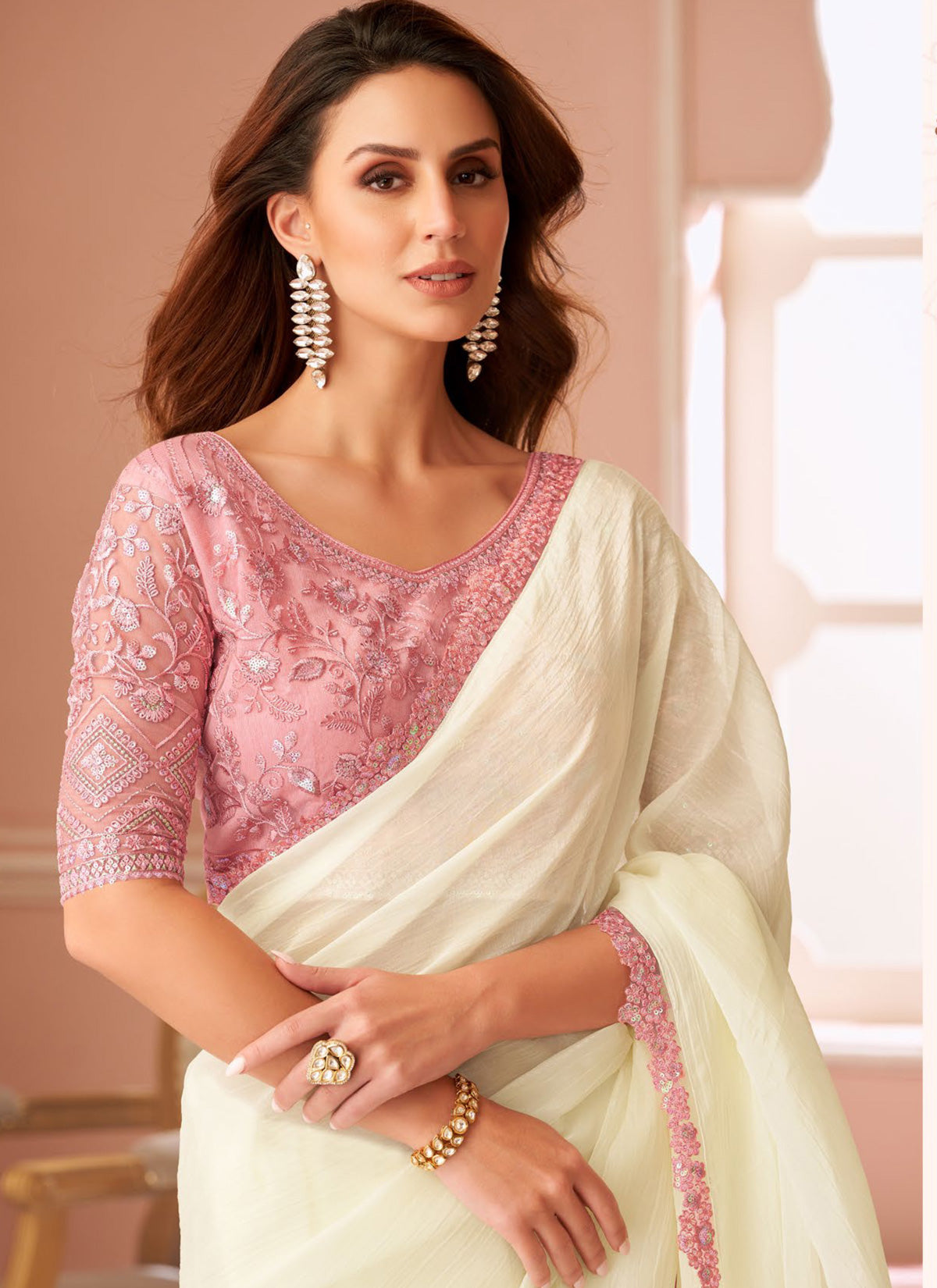 Georgette Trendy Saree With Sequins Work In Off White
