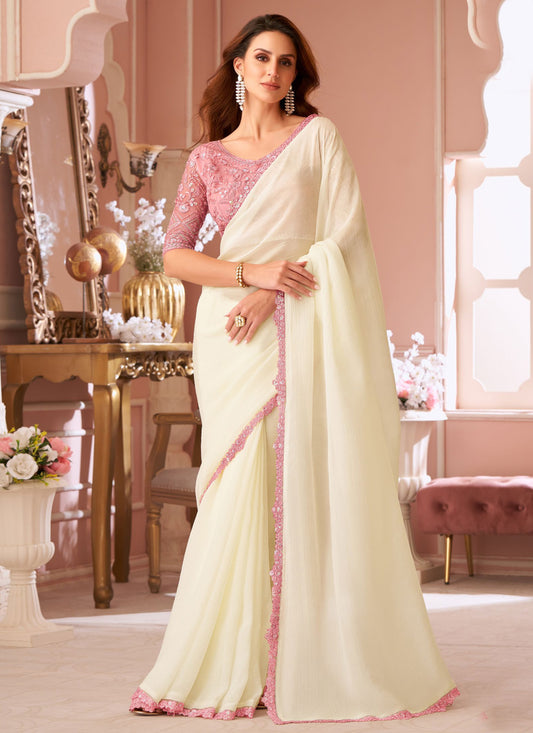 Georgette Trendy Saree With Sequins Work In Off White
