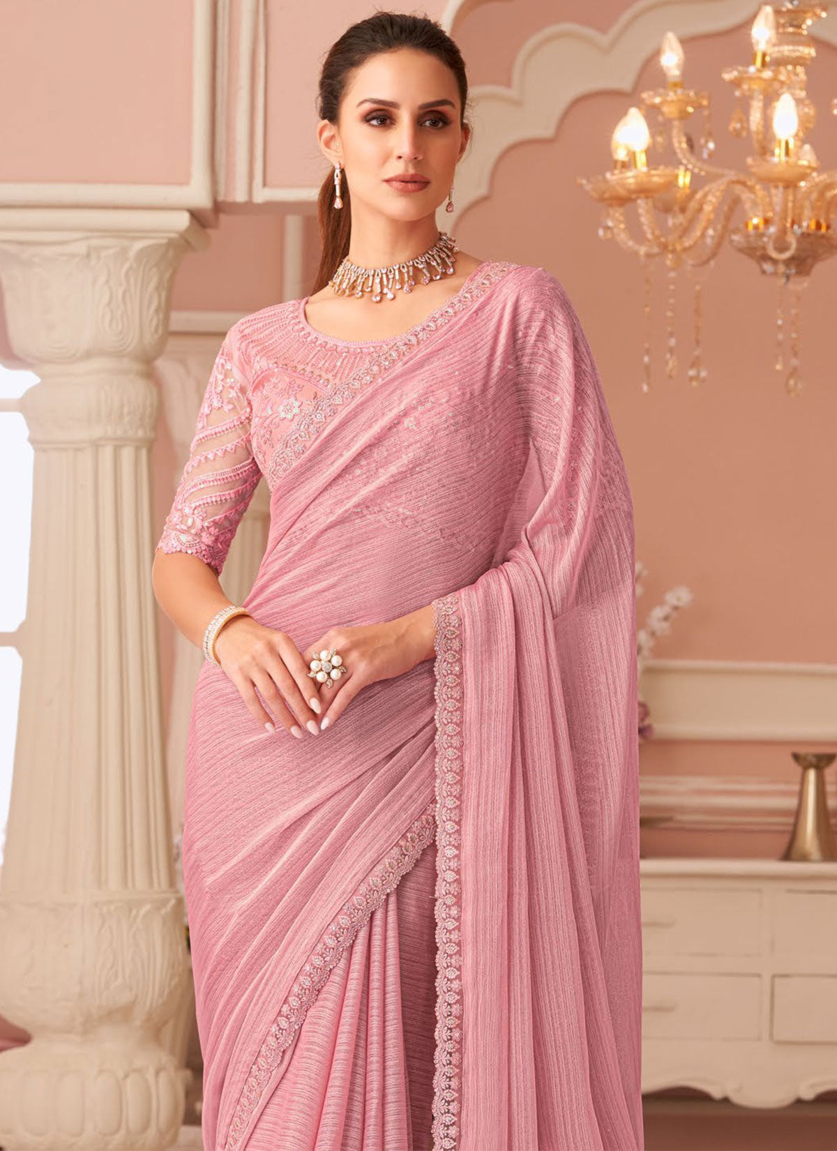 Sequins Work Trendy Saree For Festival In Pink