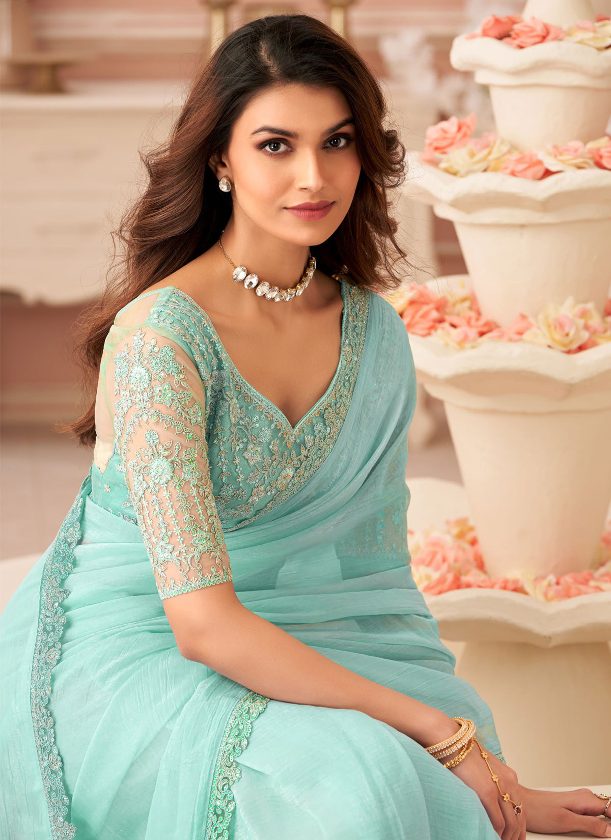 Resham Work Traditional Saree For Party In Turquoise