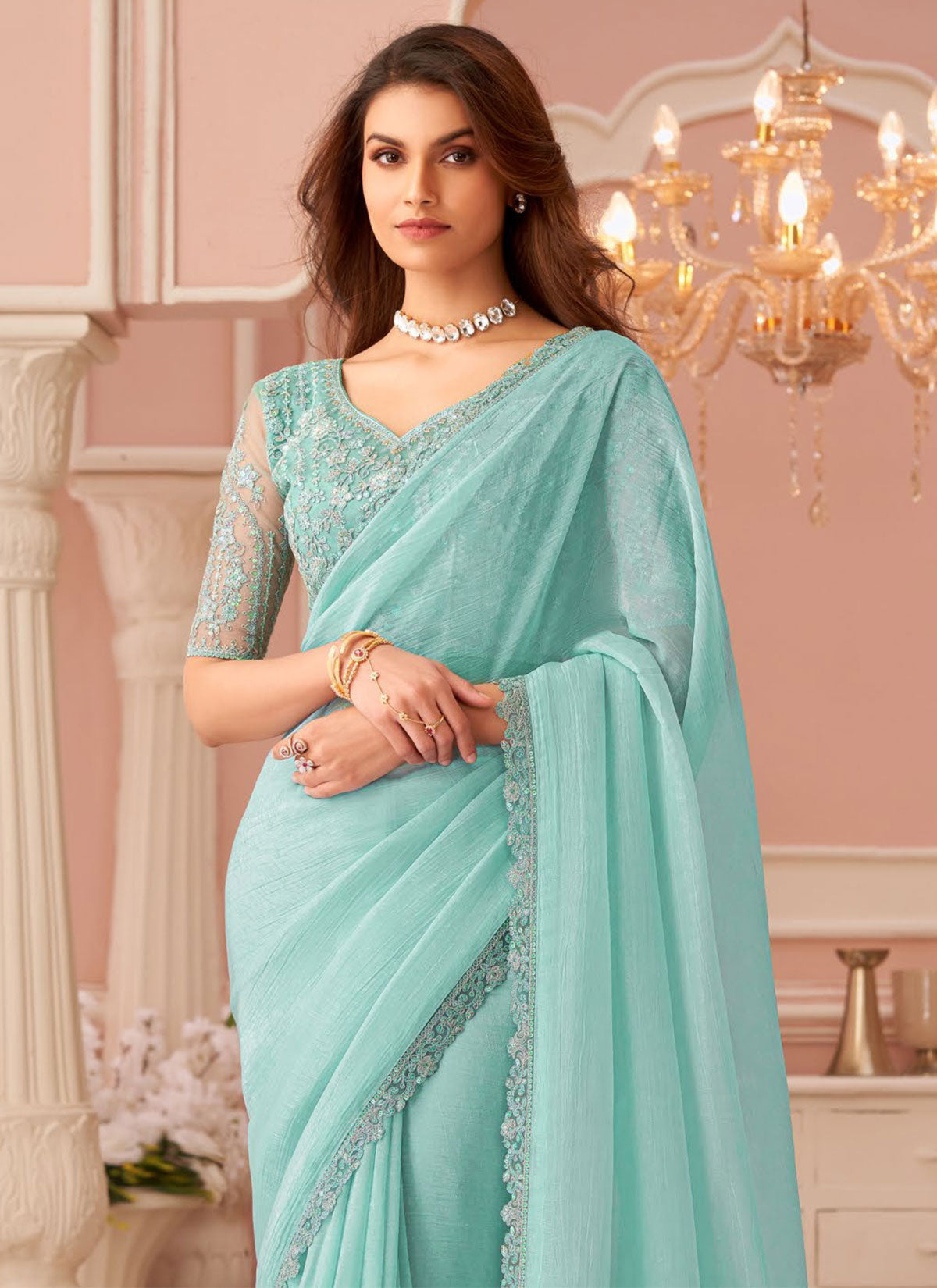 Resham Work Traditional Saree For Party In Turquoise