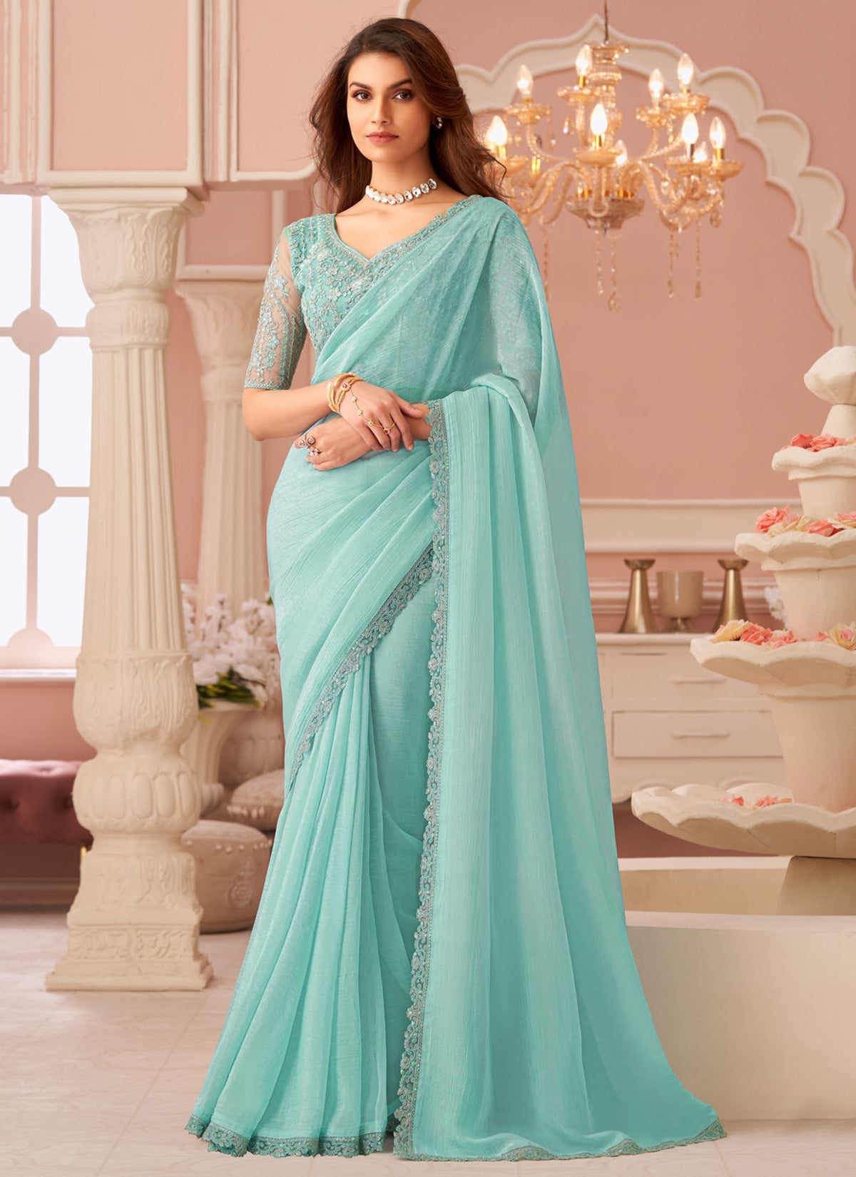 Resham Work Traditional Saree For Party In Turquoise