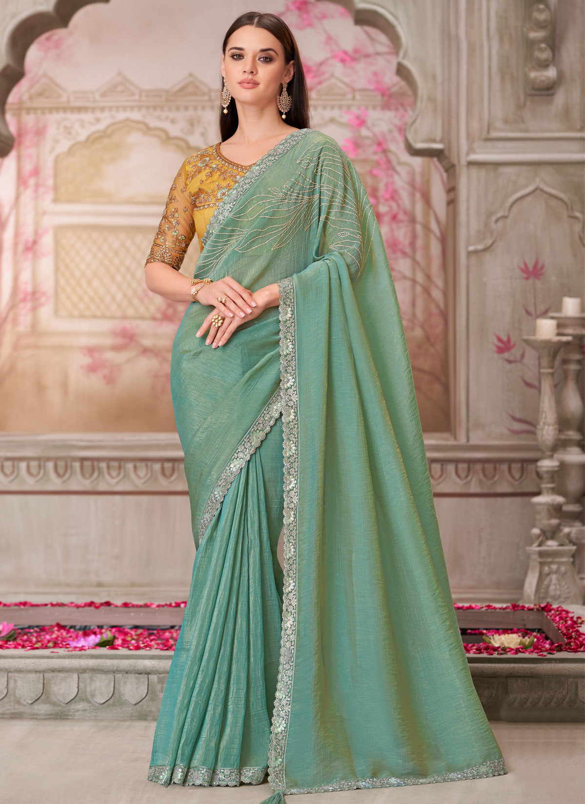 Satin Silk Traditional Saree In Sea Green With Sequins Work