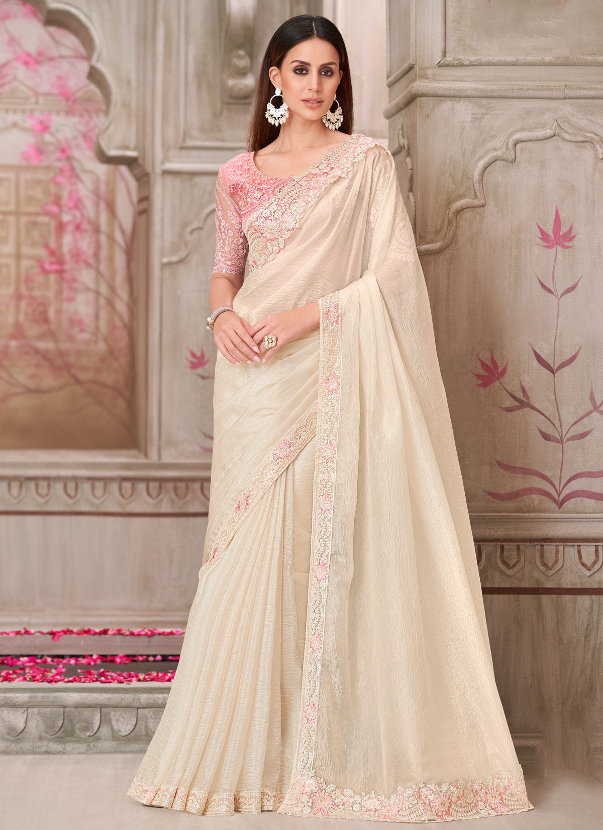 Satin Silk Traditional Saree With Resham Work In Off White