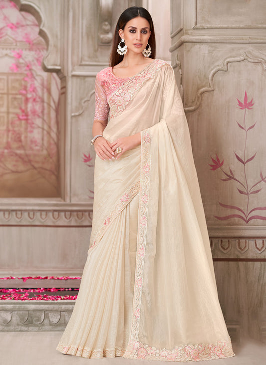 Satin Silk Traditional Saree With Resham Work In Off White