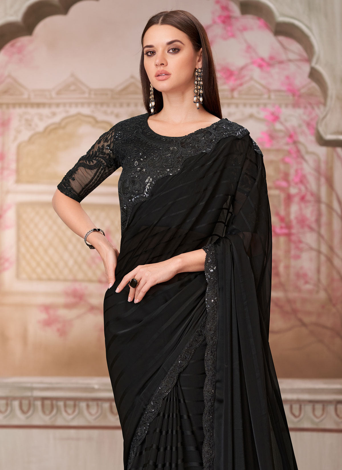 Georgette Traditional Saree In Black With Resham Work